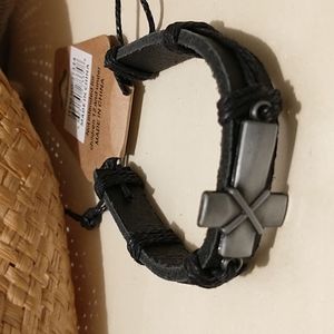 Genuine Leather Unisex Black, Cord Wrapped Cross Bracelet!